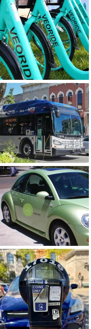 Veoride Bikes over MTD bus over green Zipcar bug over Urbana parking meter